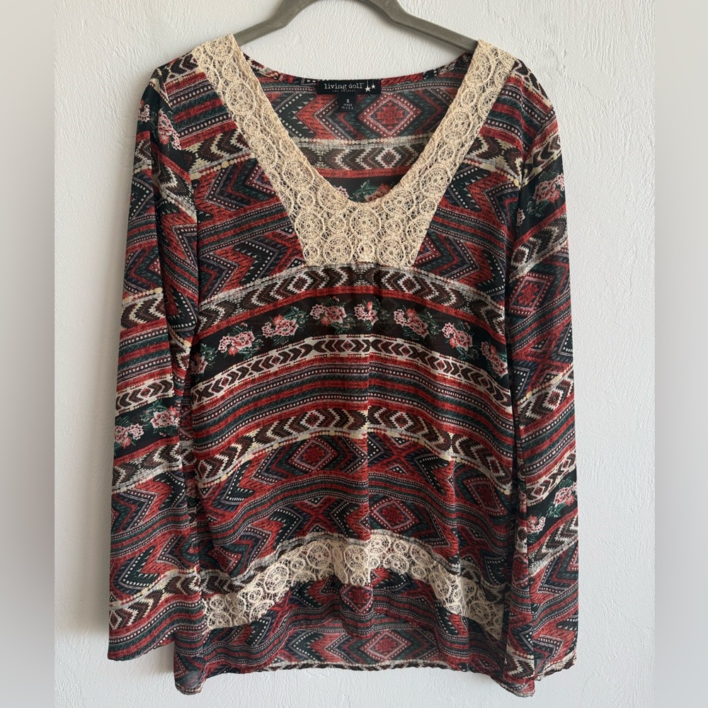 Living Doll Women's Southwestern Patterned Long Sleeve Blouse